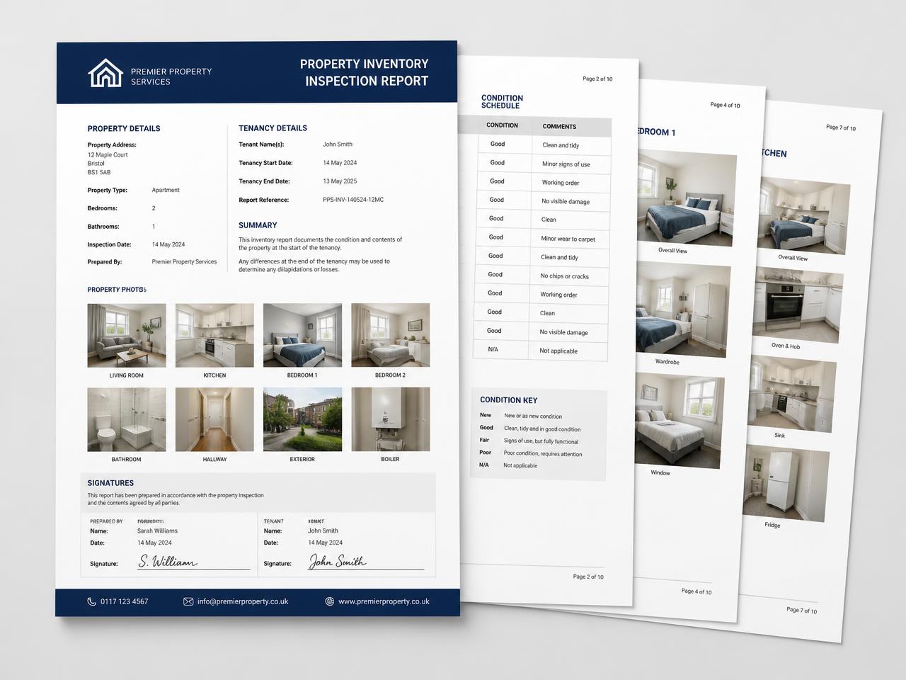 Preview of a branded property inventory report with cover page, condition schedule and photo pages